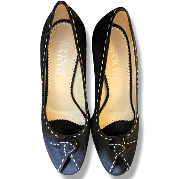Franco Sarto Shoes - Franco Sarto Retro Black Suede Leather Beige Stitch Peep Toe Heel Pumps- 9.5